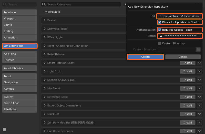 Blender's Add New Extension Repository window: URL, Check for Updates on Startup, Requires Access Token and Secret filled in, and the Create button